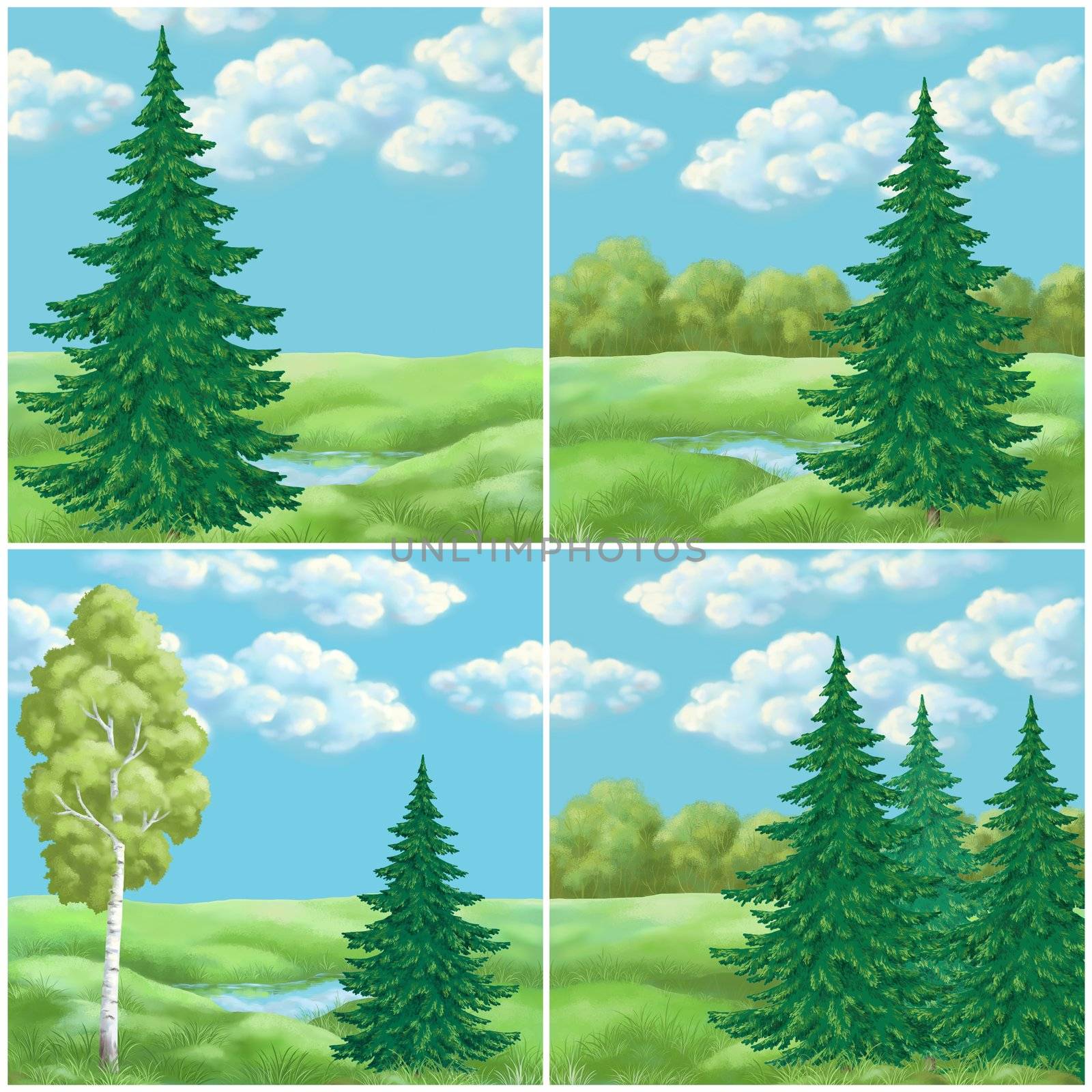 Picture, hand-draw: set landscapes, green summer forest