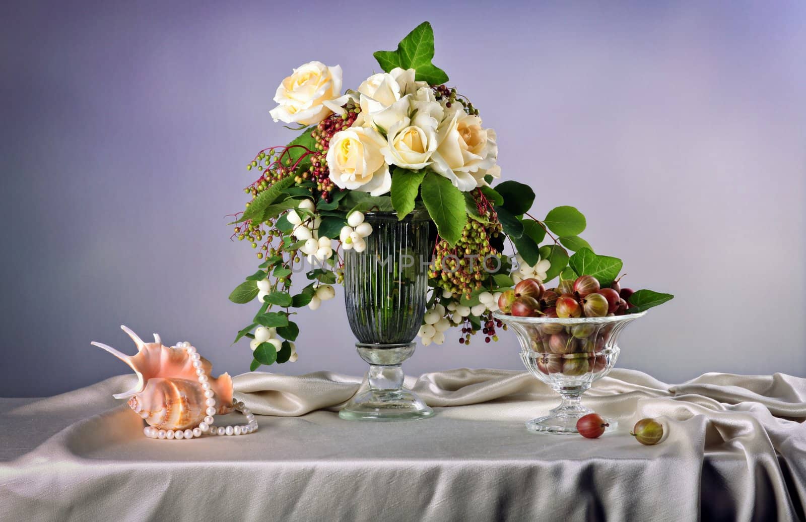 Still life with white roses  and fresh gooseberry