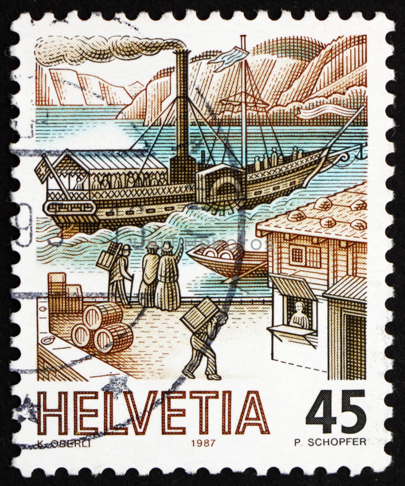 SWITZERLAND - CIRCA 1987: a stamp printed in the Switzerland shows Packet Steamer, 1837-1840, Mail Handling, circa 1987