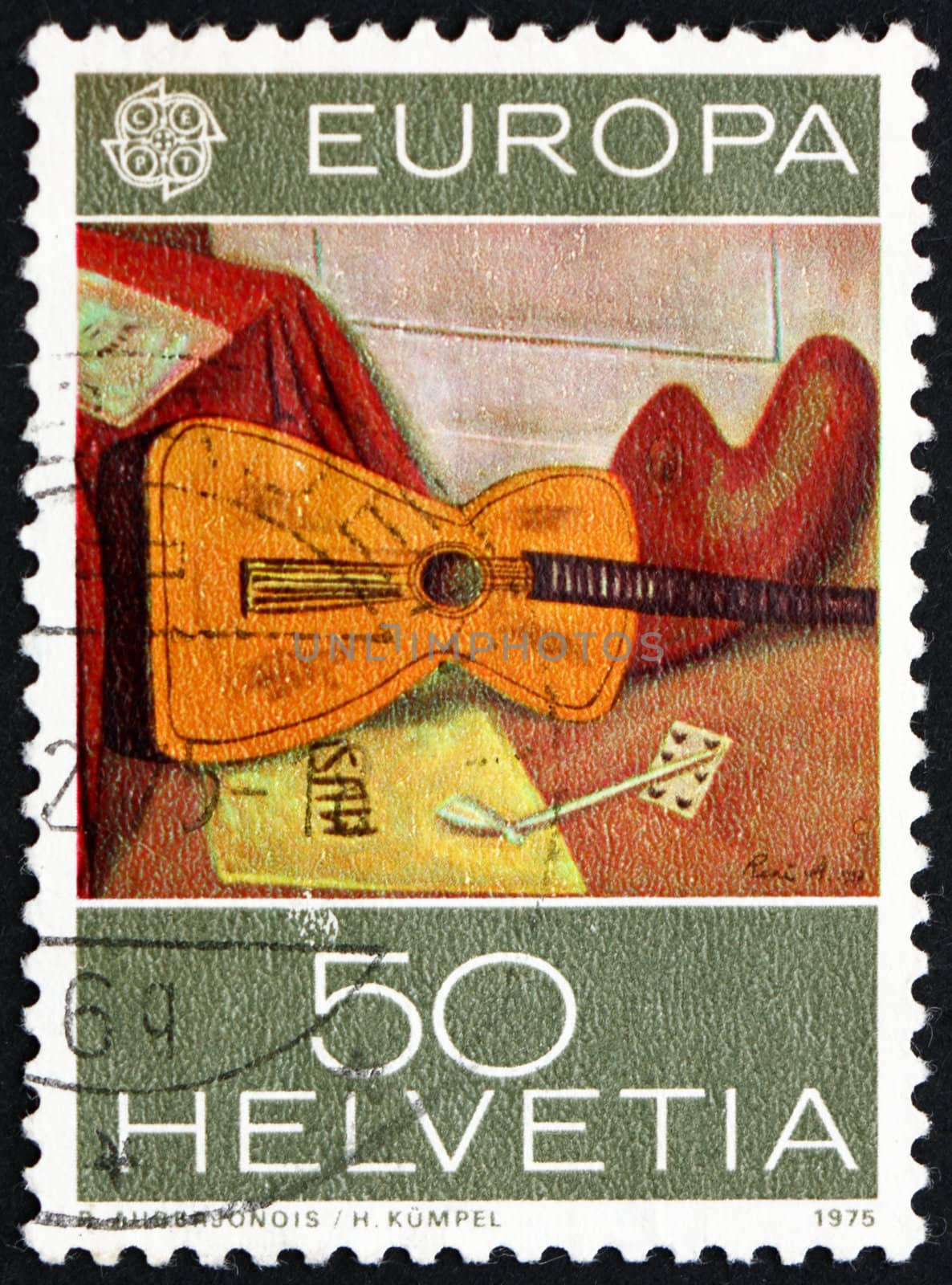 SWITZERLAND - CIRCA 1975: a stamp printed in the Switzerland shows Still Life with Guitar, Painting by Rene Auberjonois, circa 1975
