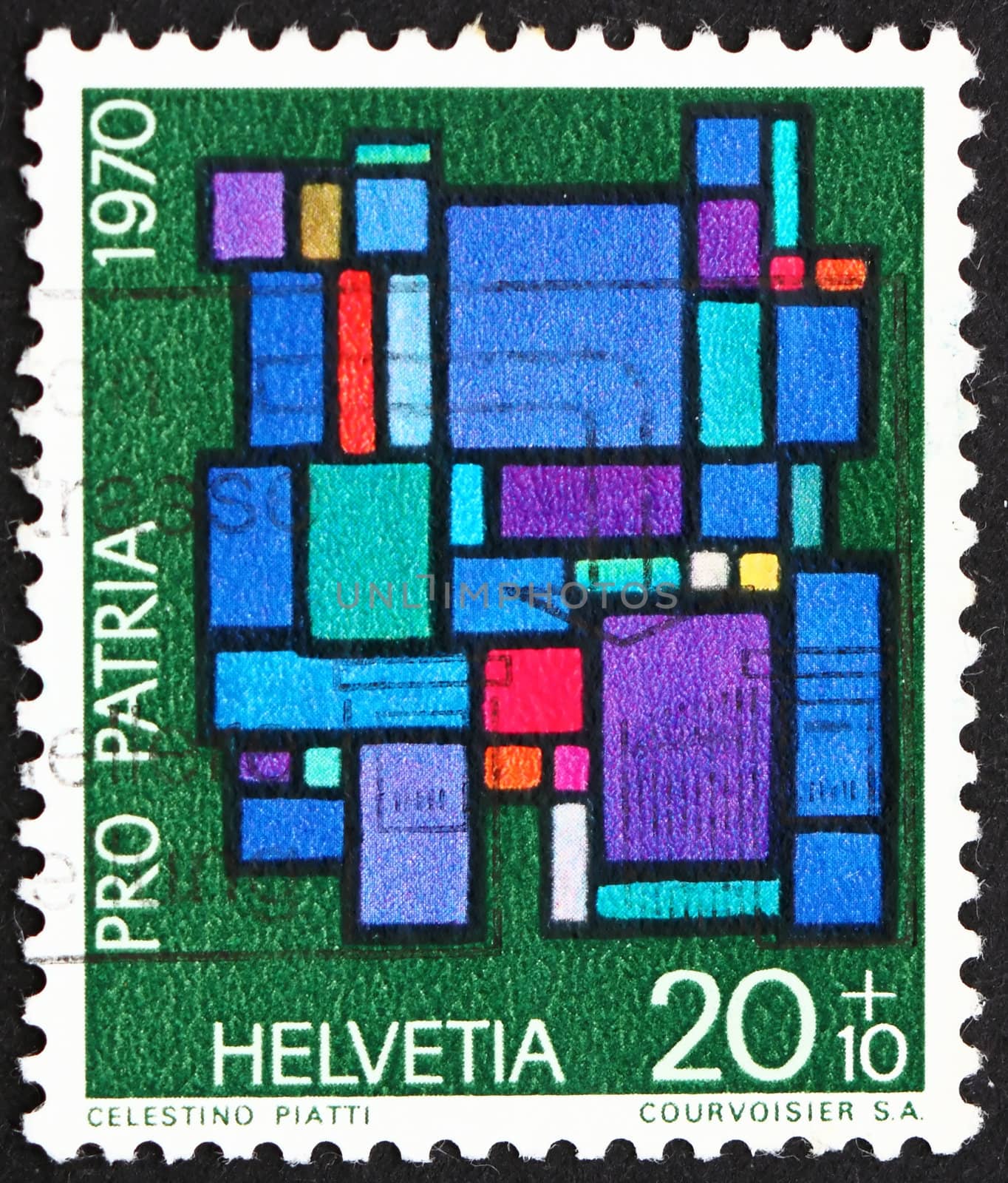 SWITZERLAND - CIRCA 1970: a stamp printed in the Switzerland shows Abstract Composition, by Celestino Piatti, Contemporary Stained Glass Window, circa 1970