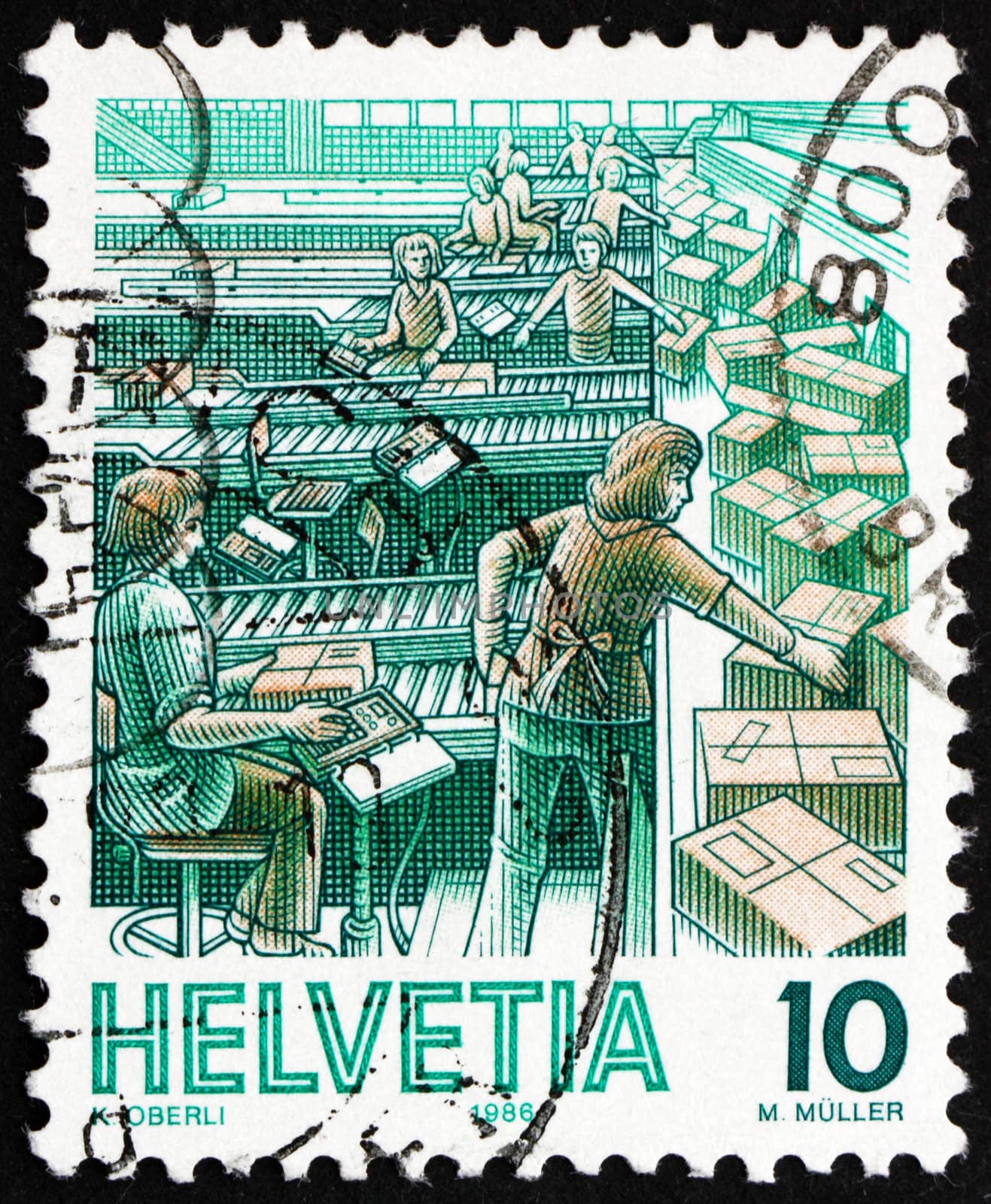 SWITZERLAND - CIRCA 1986: a stamp printed in the Switzerland shows Parcel Sorting, Mail Handling, circa 1986