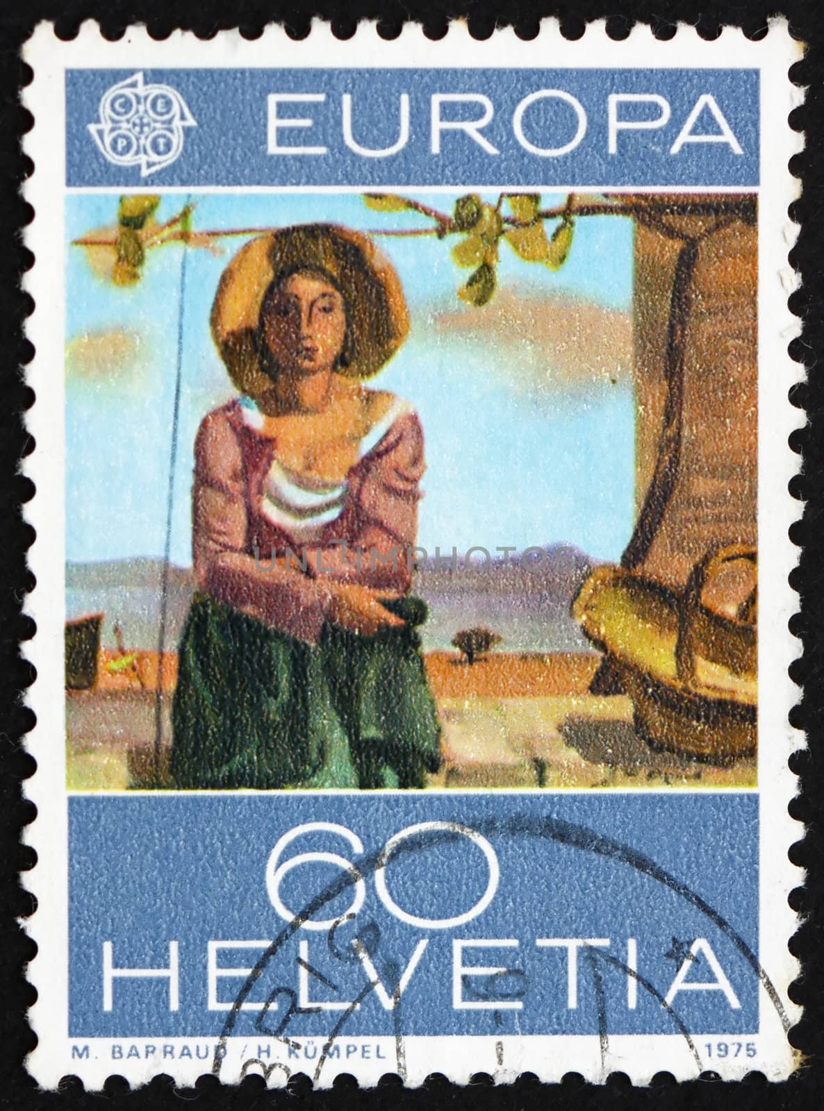 SWITZERLAND - CIRCA 1975: a stamp printed in the Switzerland shows Vineyard Worker, Painting by Maurice Barraud, circa 1975