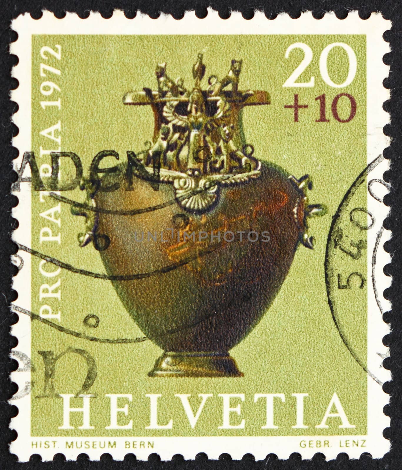 SWITZERLAND - CIRCA 1972: a stamp printed in the Switzerland shows Bronze Hydria, Hallstadt Period, Archeological Treasure, circa 1972
