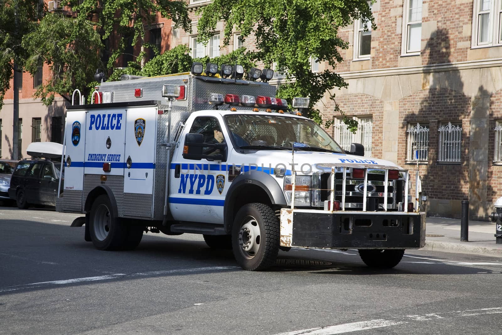 Police truck on patrol in New York city.