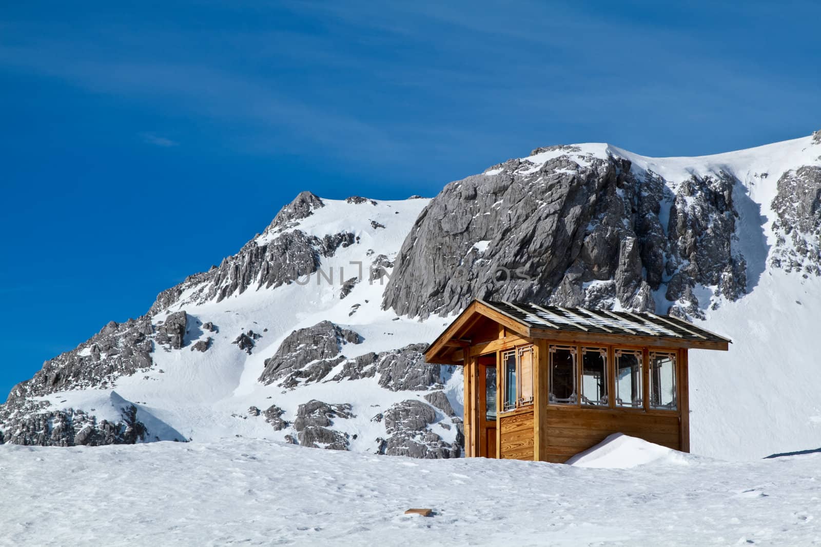 Beautiful landscape snow mountain with blue sky