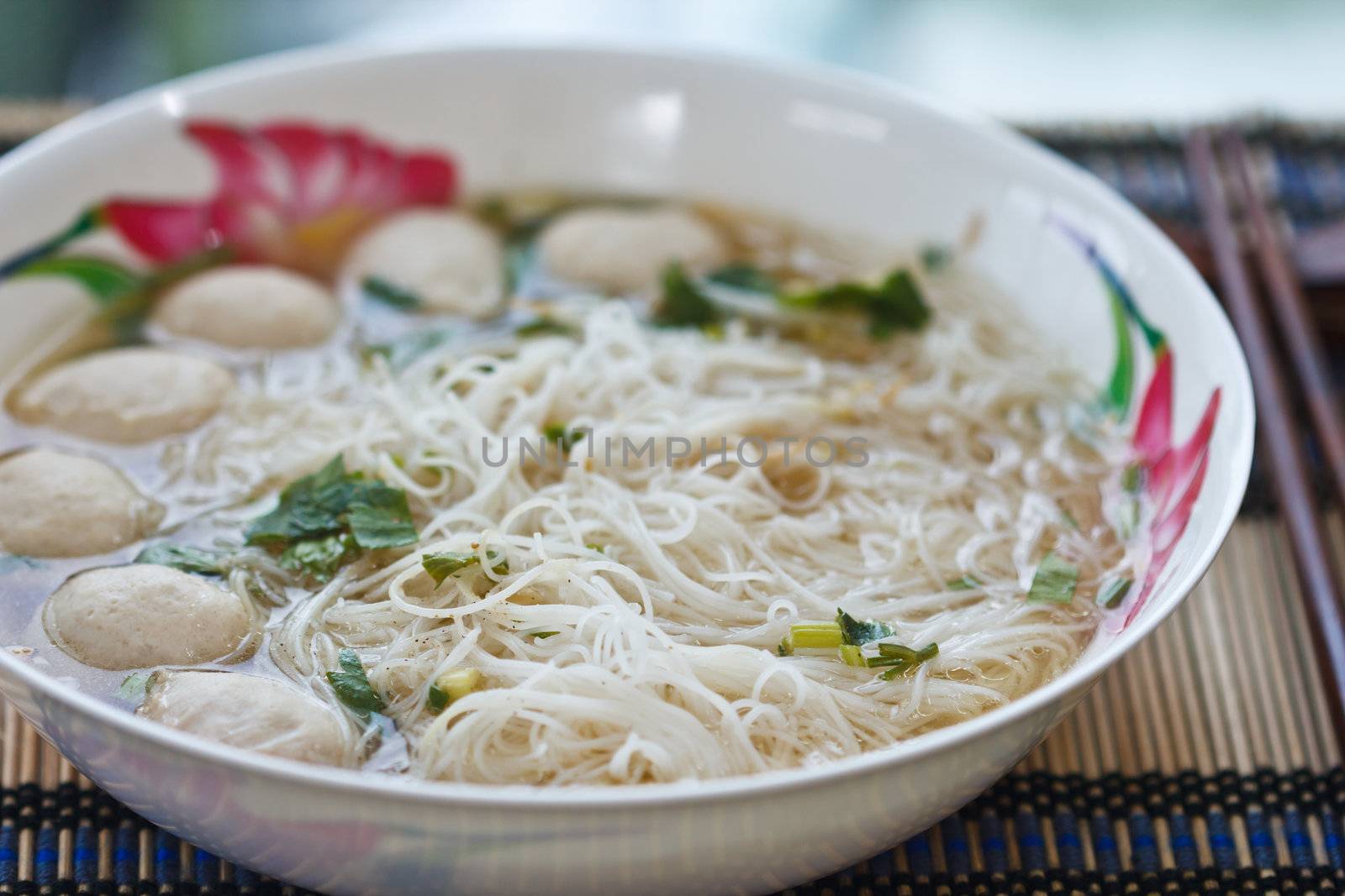 Asian cuisine, rice noodles with fish ball and meat ball