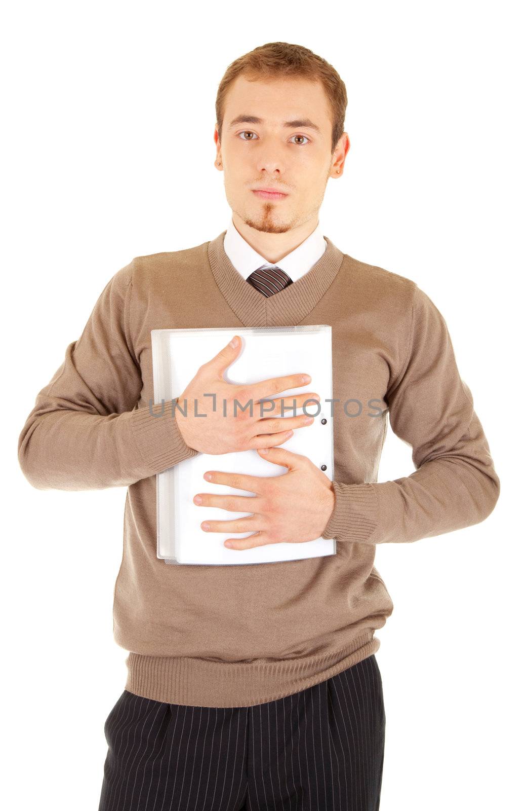 Young well-dressed man in formalwear is holding a white file with documents. Isolated on white background.