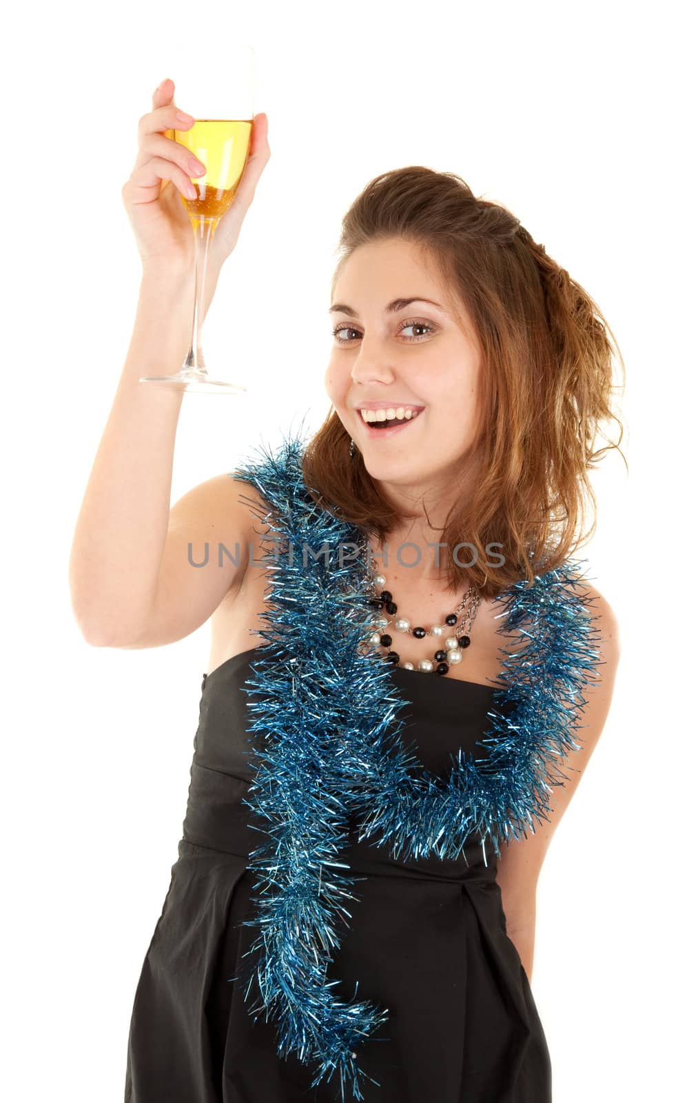 Beautiful woman with a glass of champagne on white background. Focus on woman's eyes.