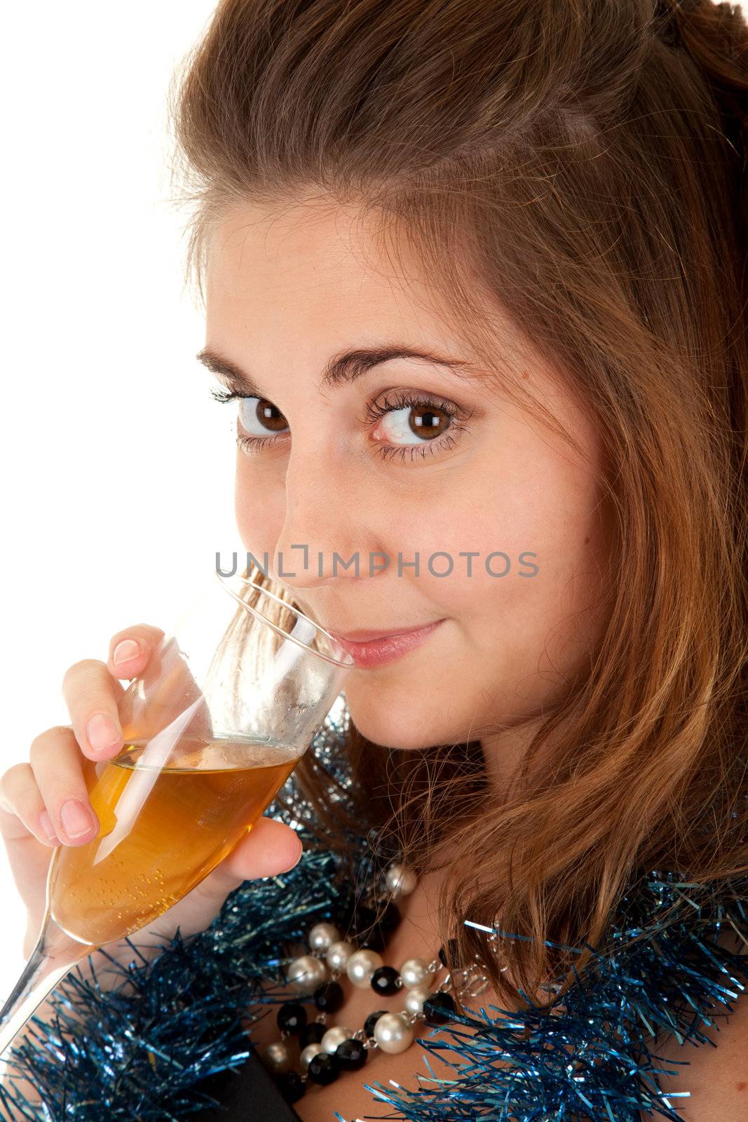 Beautiful woman with a glass with champagne on white background