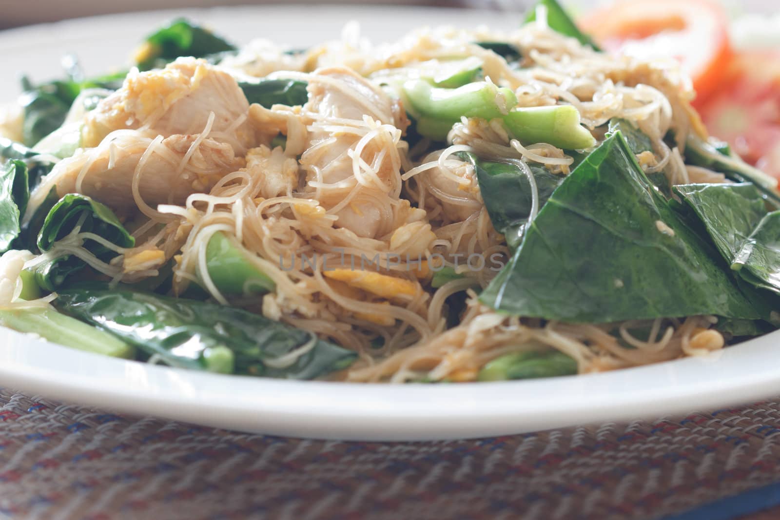 Thai noodle fried with mixed vegetable and egg, Thai style