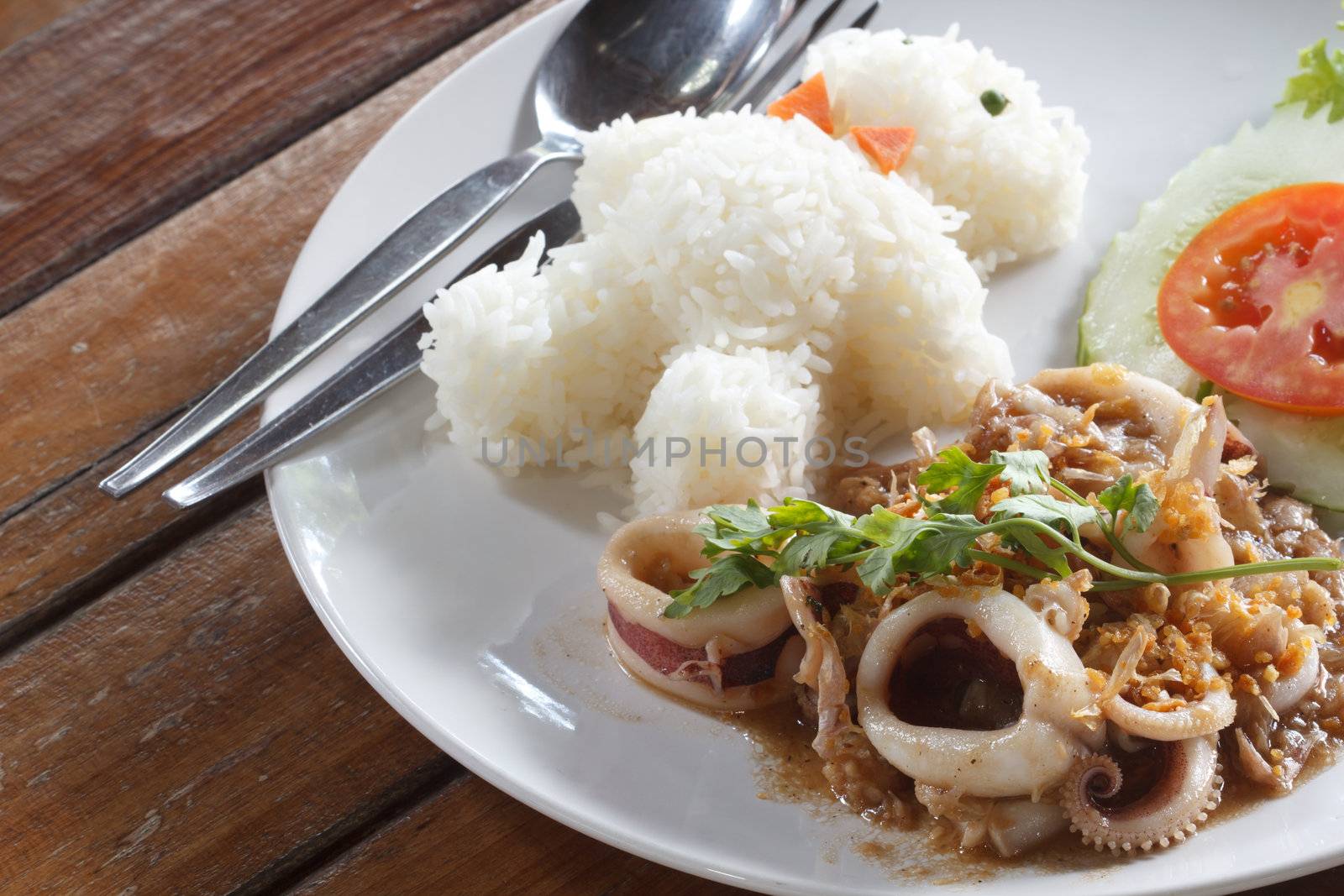 Squid fried with garlic and rice in pattern bear on white plate