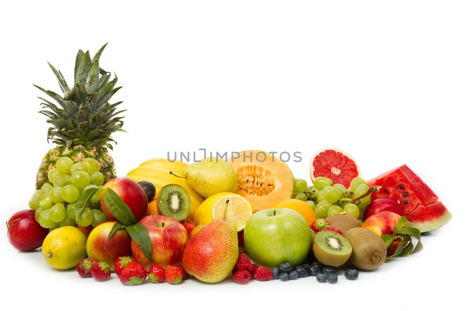 Group of different fruits on white background