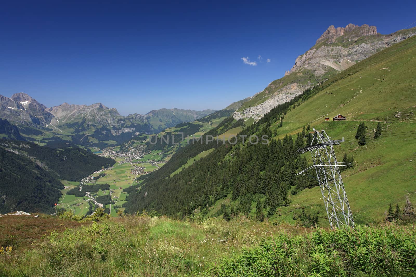 Photo of the Swiss Alps, looking down at the city of Engelberg from Fuerenalp in the canton of Obwalden.