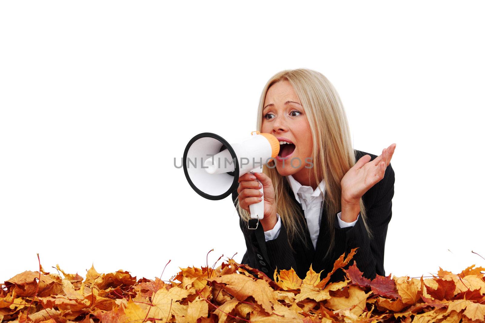 autumn businesswoman with megaphone studio isolated in studio