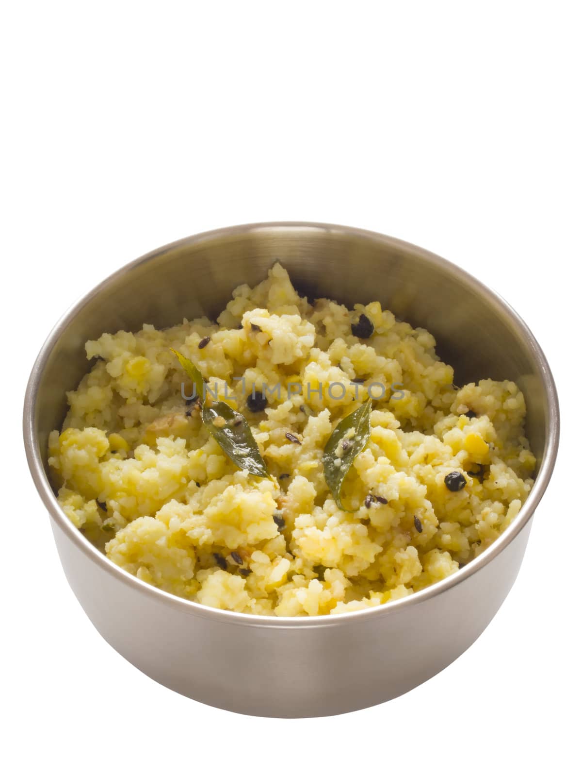 close up of a bowl of indian pongal