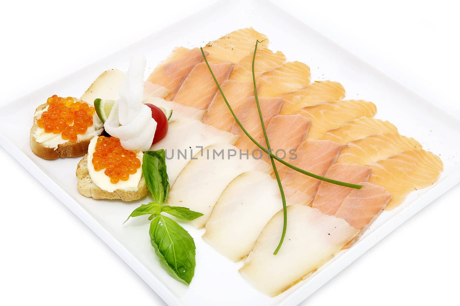 Sliced caviar sandwiches on white background