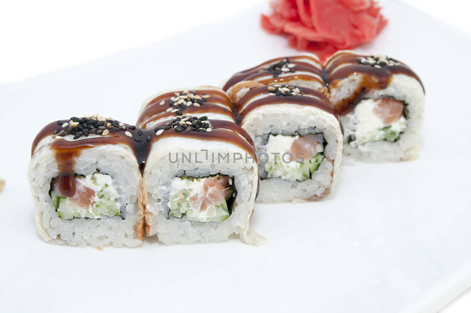 Japanese sushi fish and seafood on white background