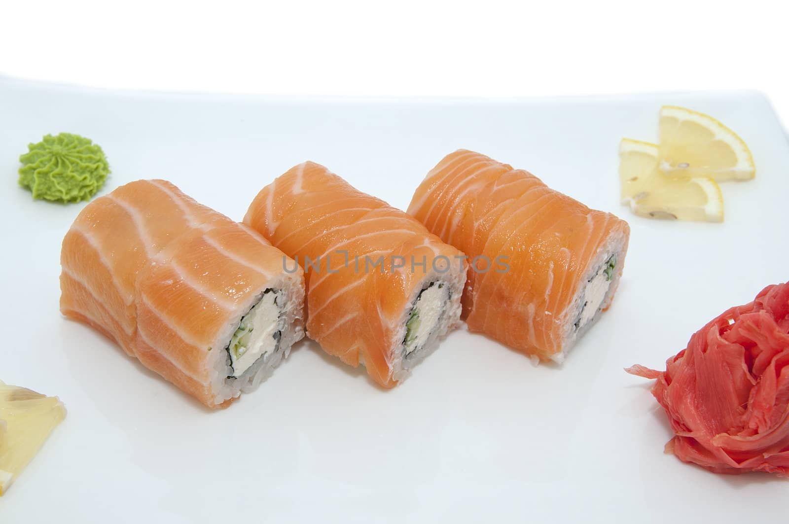 Japanese sushi fish and seafood on white background