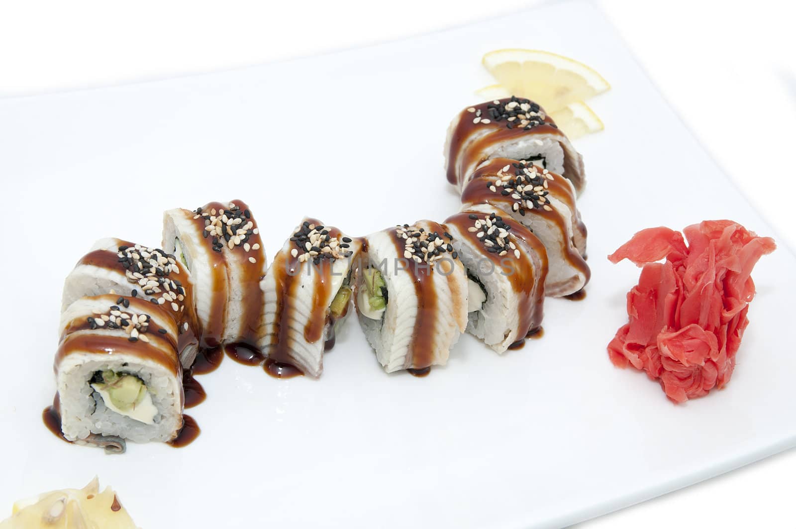 Japanese sushi fish and seafood on white background