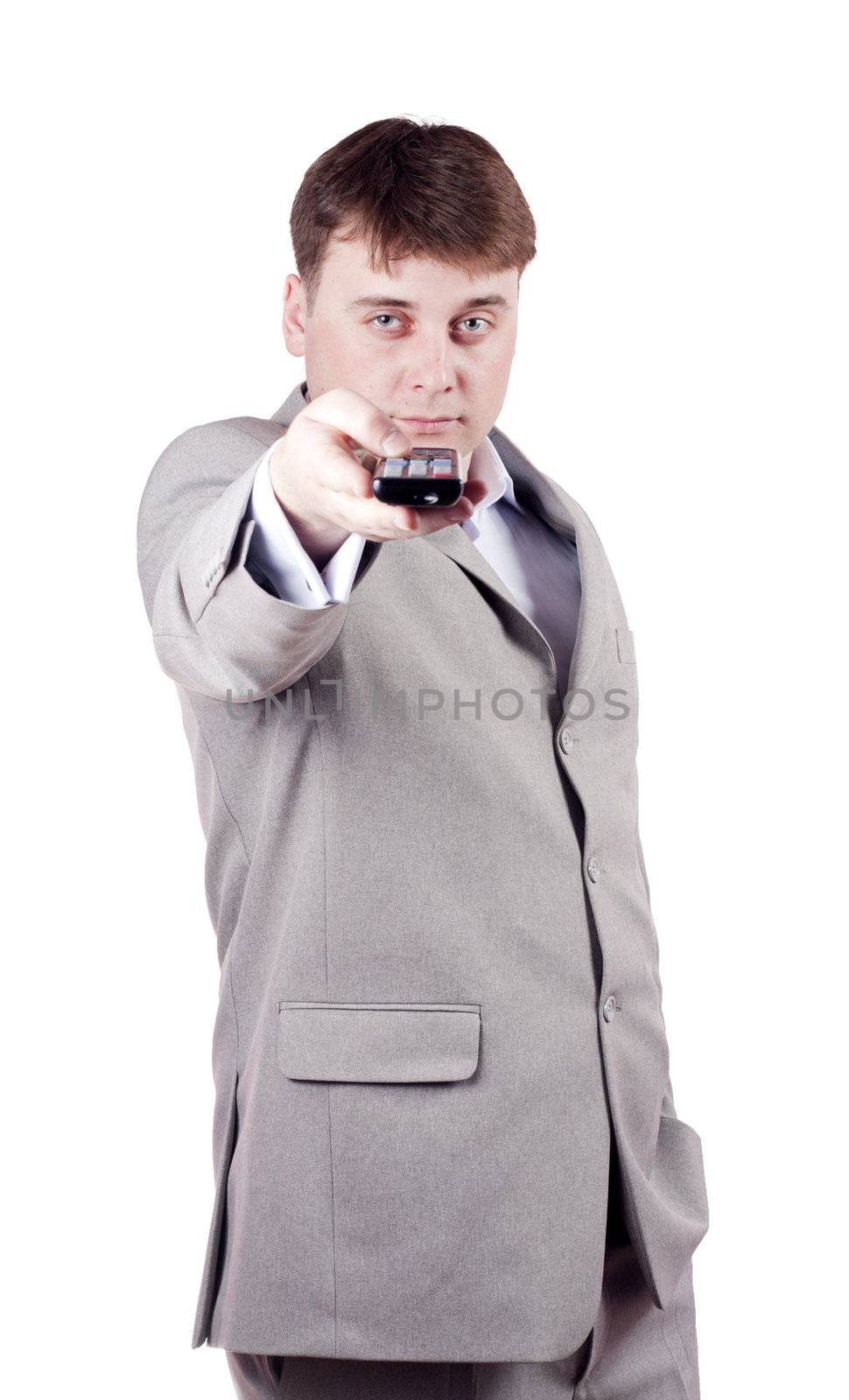 Man with remote control on a white background