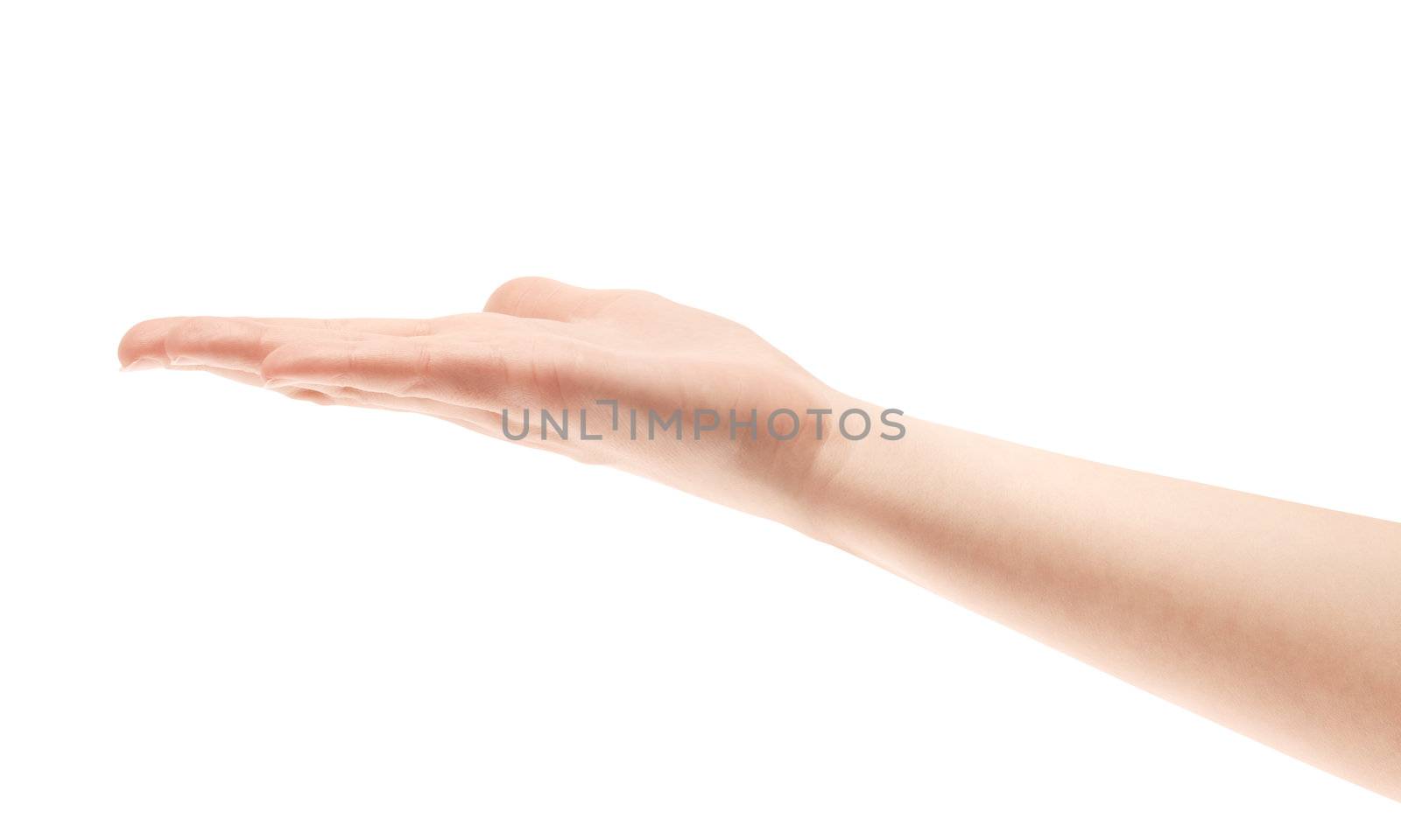 Showing hand isolated on white.