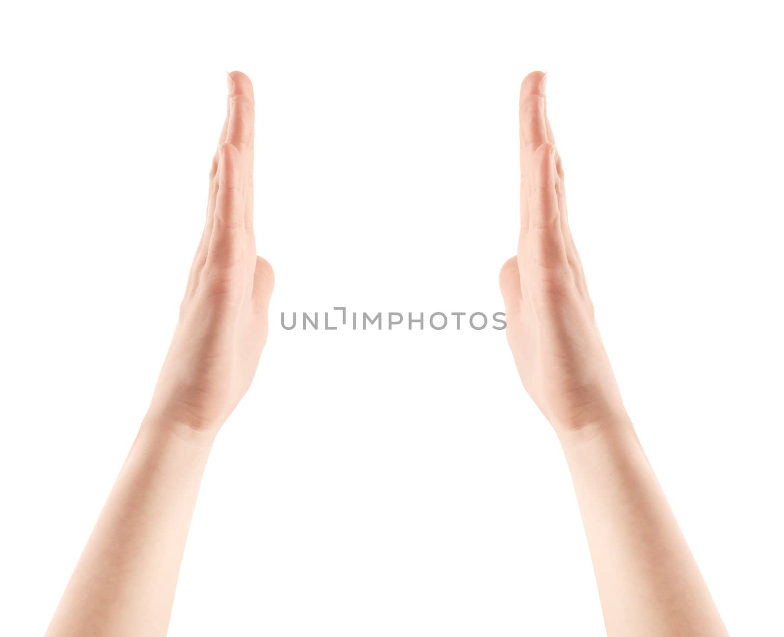 Showing hands isolated on white.