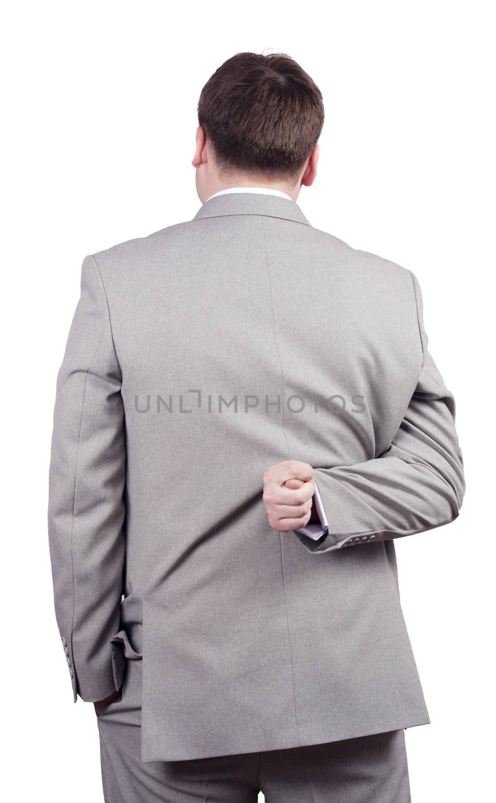 man shows a fig on a white background