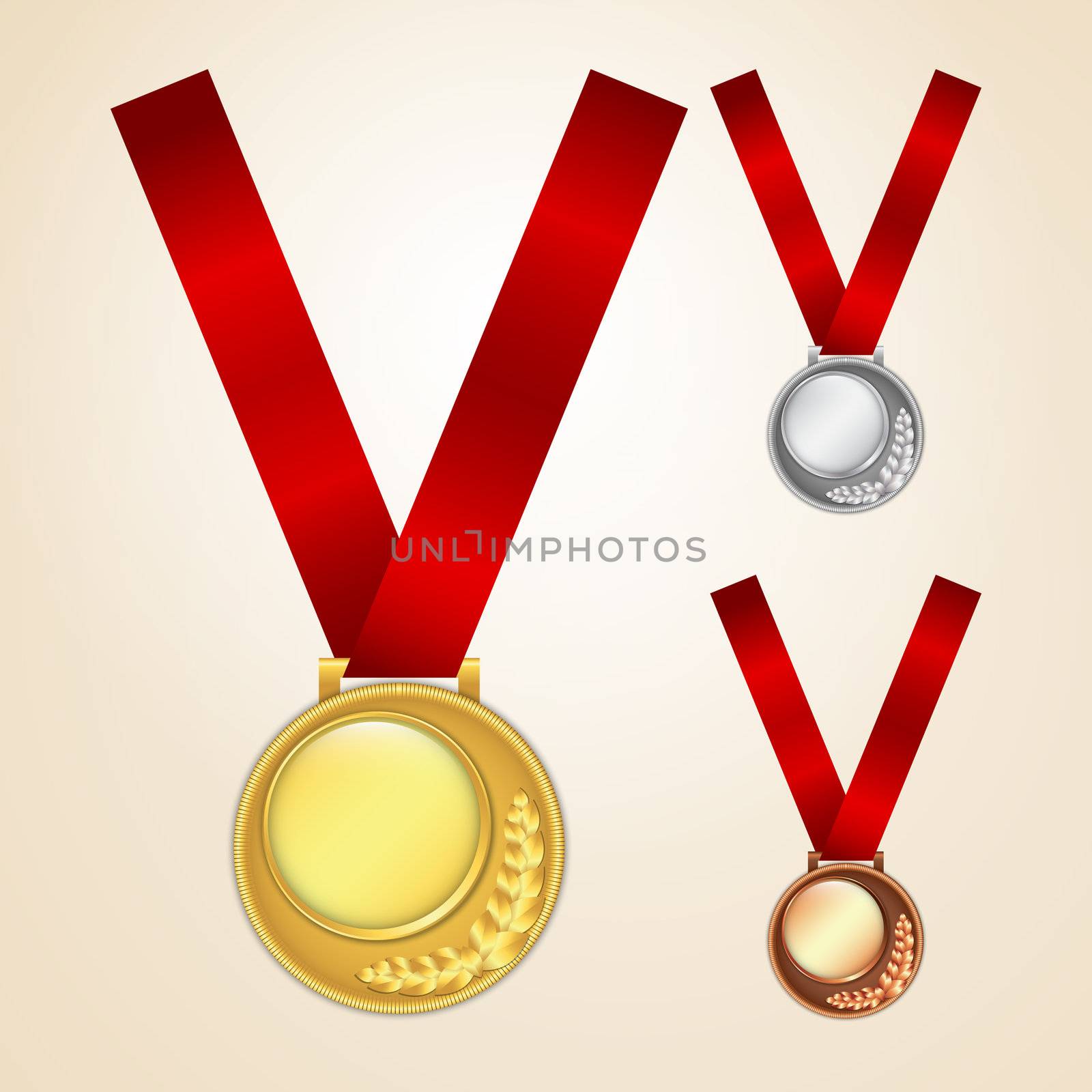 Set of golden, silver and bronze medals