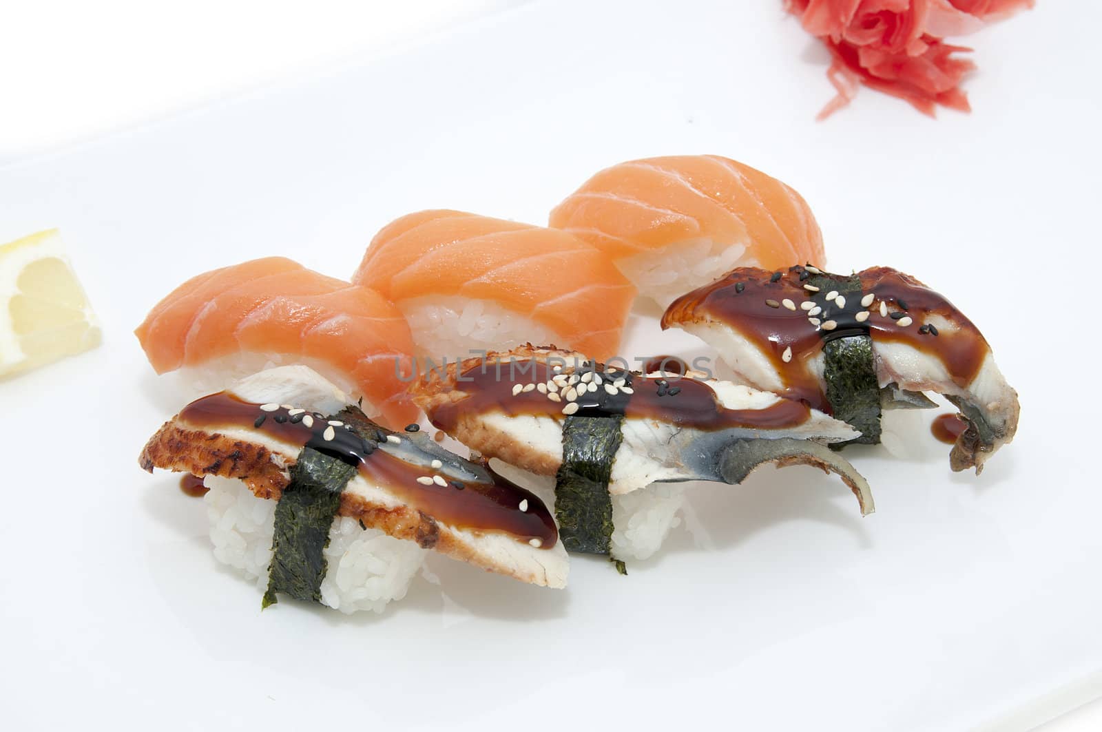 Japanese sushi fish and seafood on white background