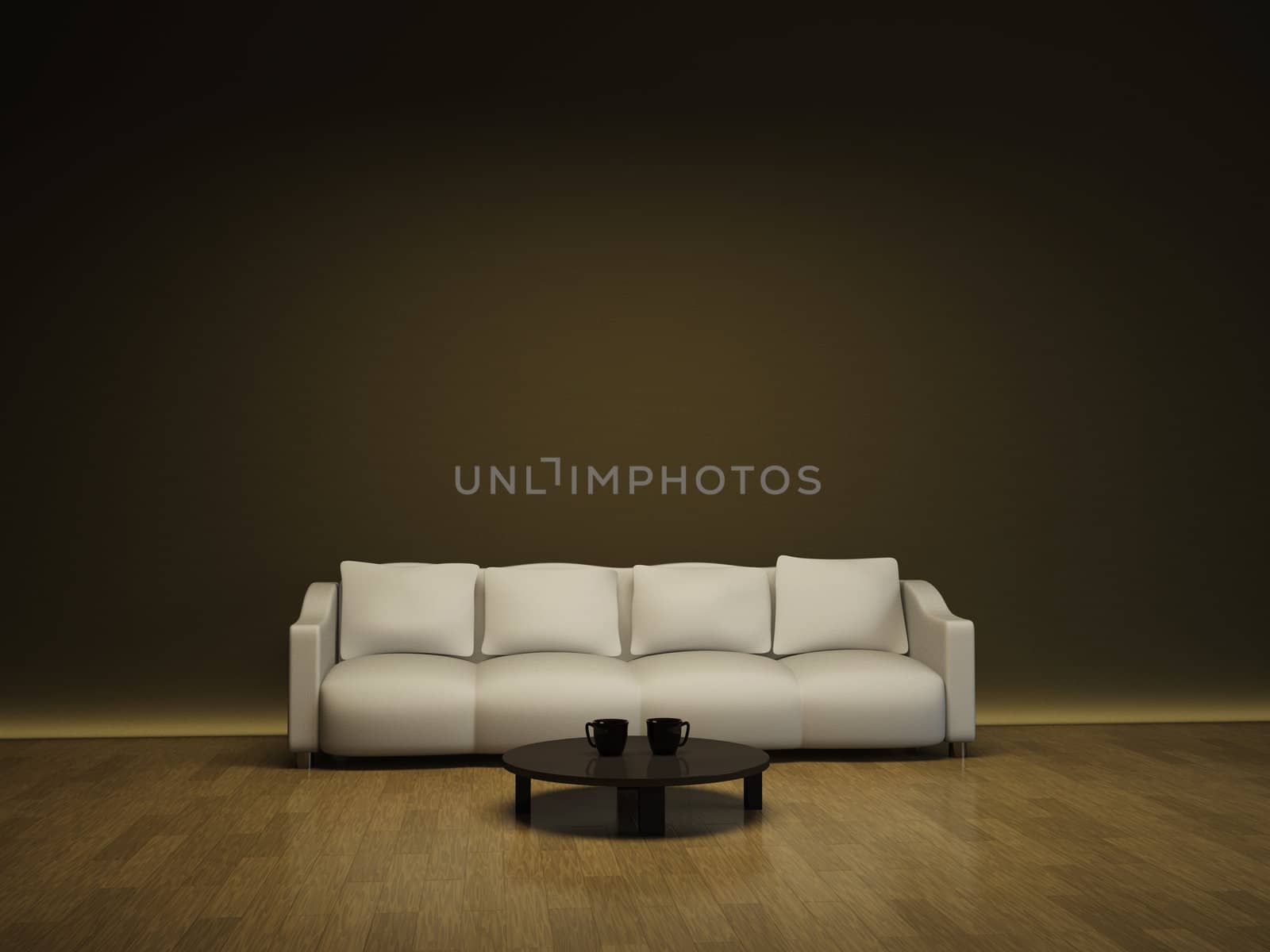 Interior with a white sofa and a brown table