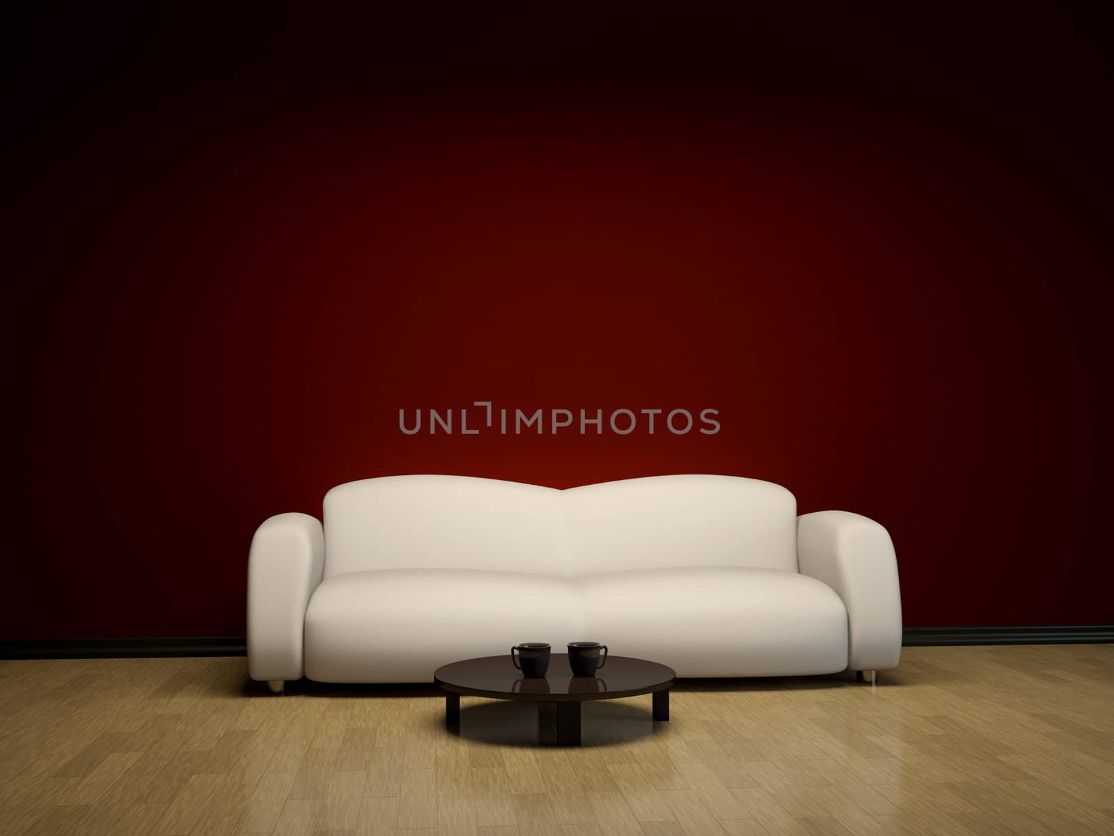 Interior with a white sofa and a brown table