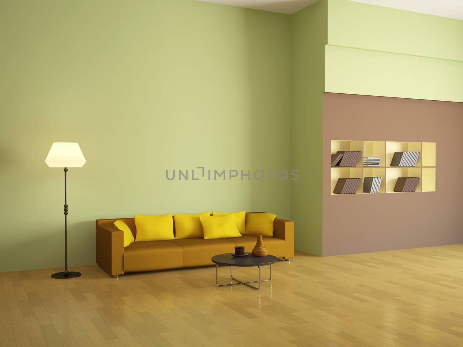 The interior with the orange sofa and bookshelves