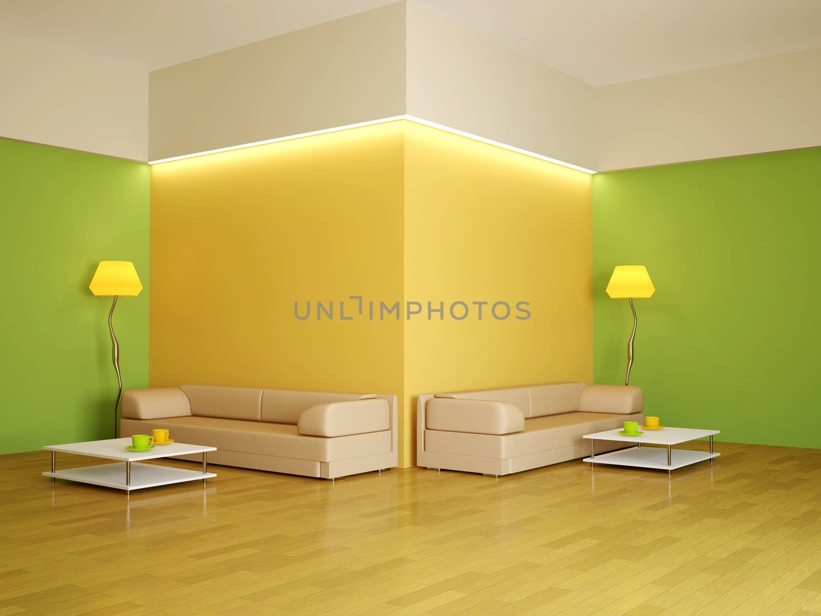 The interior of a large room with two sofas