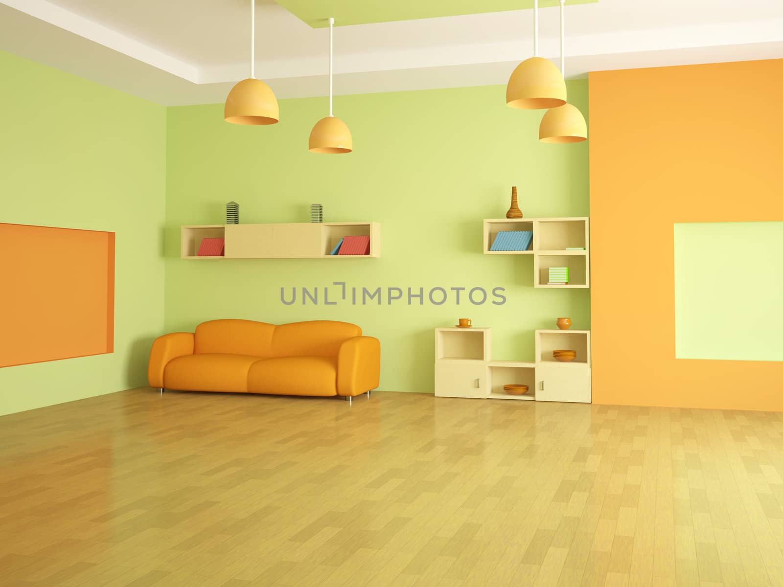 The interior of a large room with furniture