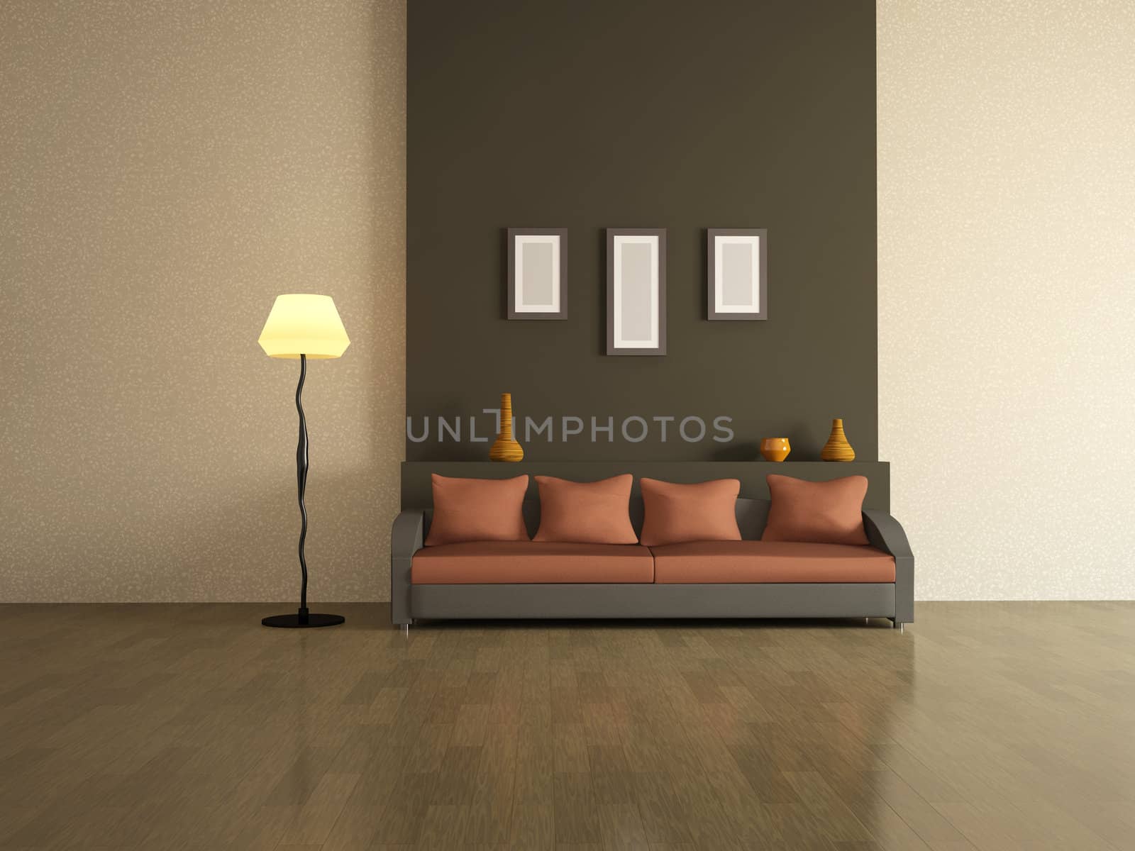 The interior of a large room with sofa and lamp