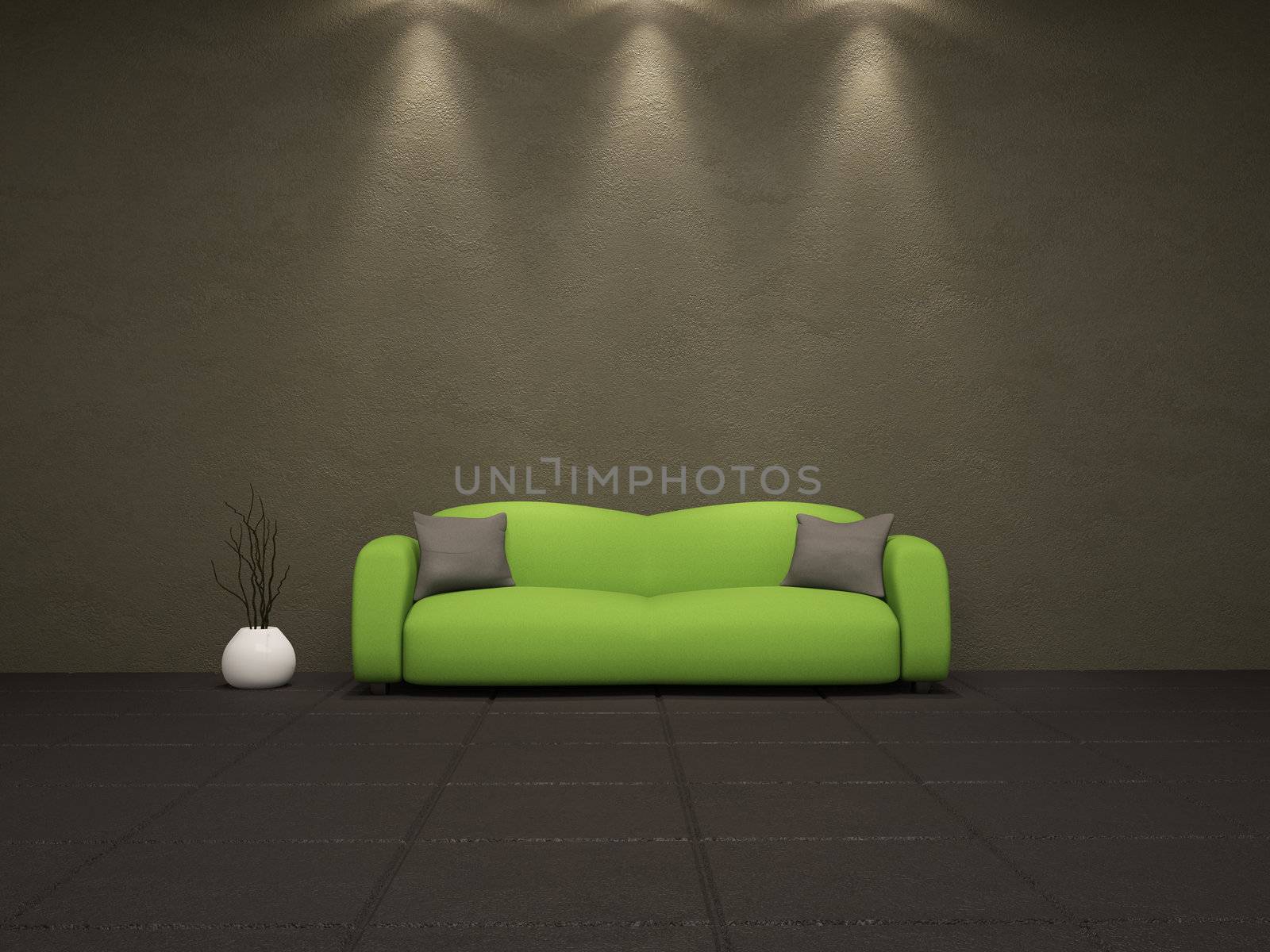 The room interior with a green sofa