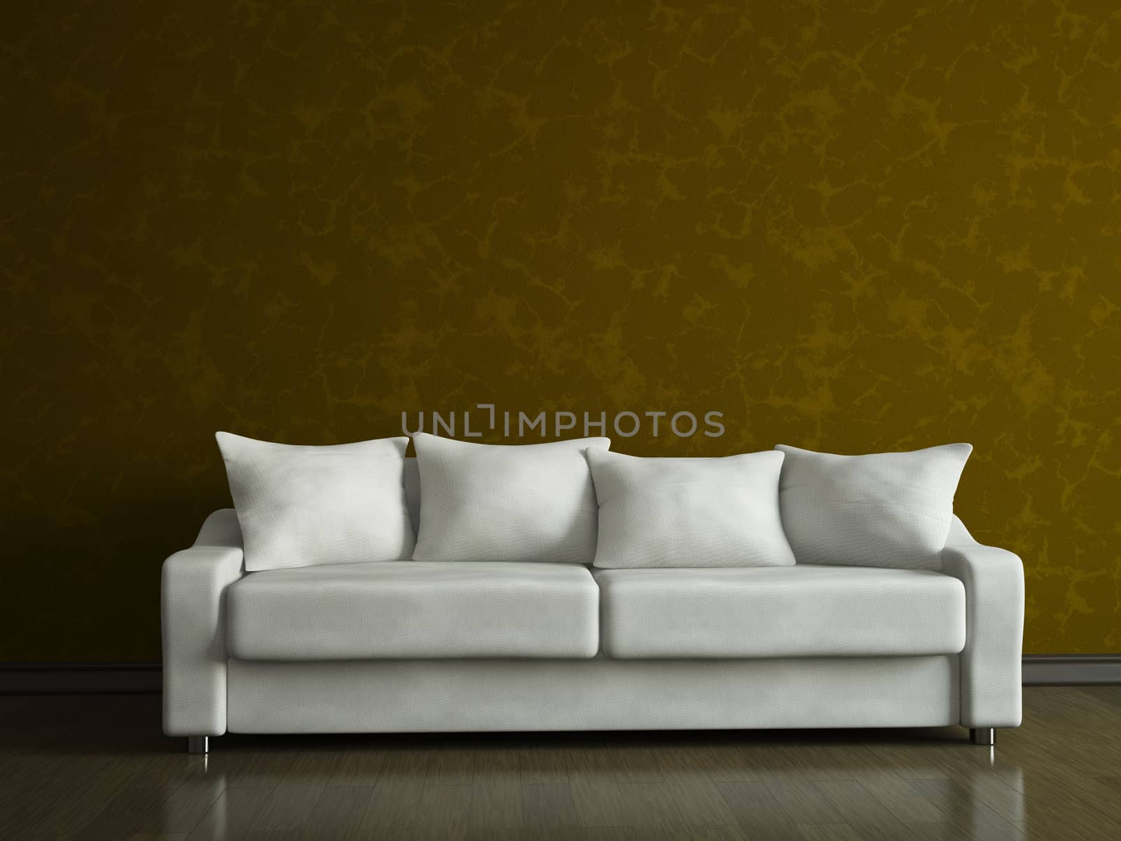 A white sofa near the brown wall