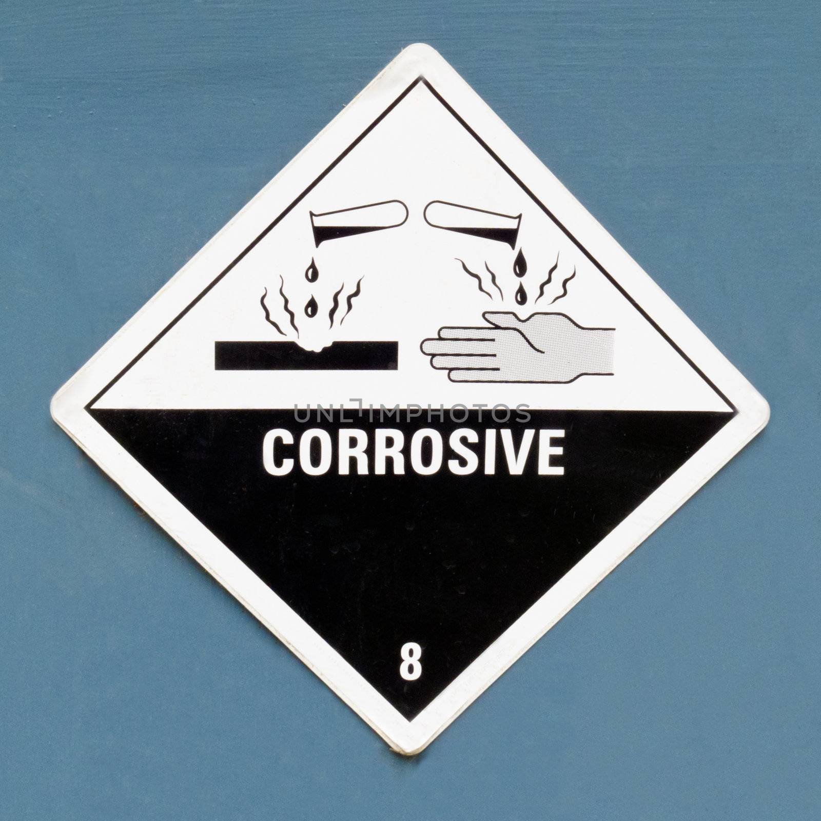 Corrosive, destroys living tissue on contact, hazard symbol or warning sign on a painted wall warning not to expose skin to substance