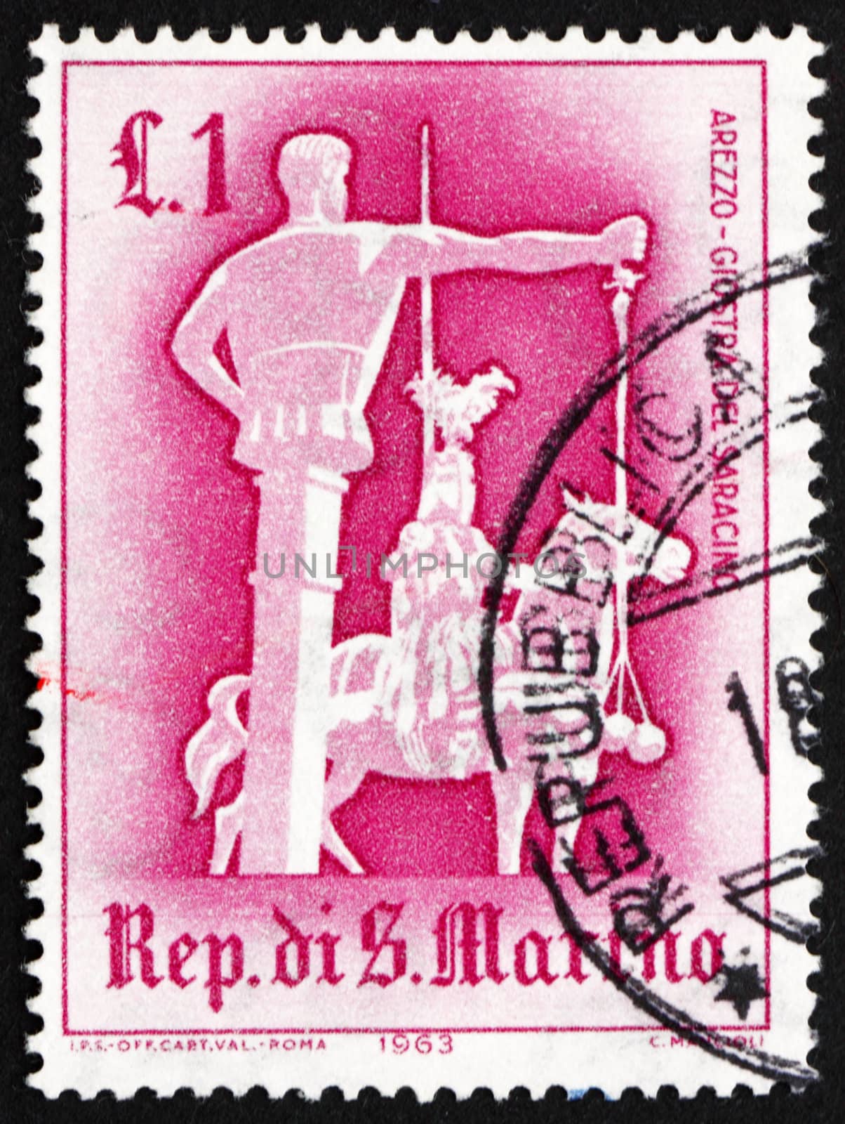 SAN MARINO - CIRCA 1963: a stamp printed in the San Marino shows Jousting with Saracen, Arezzo, Medieval Knightly Games, circa 1963