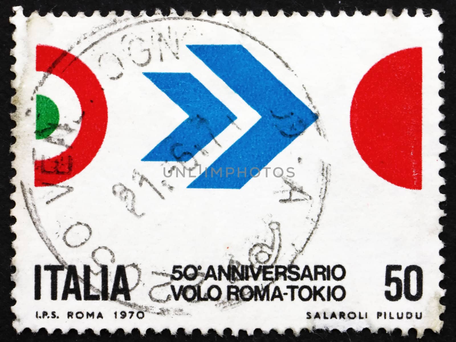 ITALY - CIRCA 1970: a stamp printed in the Italy shows Symbol of Flight, Colors of Italy and Japan, 50th Anniversary of Arturo Ferrarin's Flight from Rome to Tokyo, circa 1970