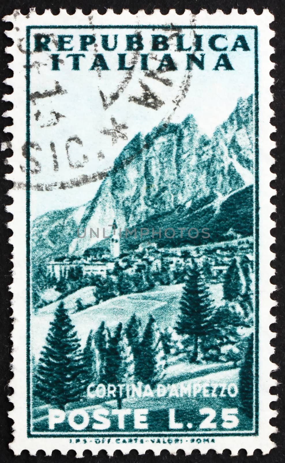 ITALY - CIRCA 1953: a stamp printed in the Italy shows View of Mountain, Cortina d'Ampezzo, circa 1953
