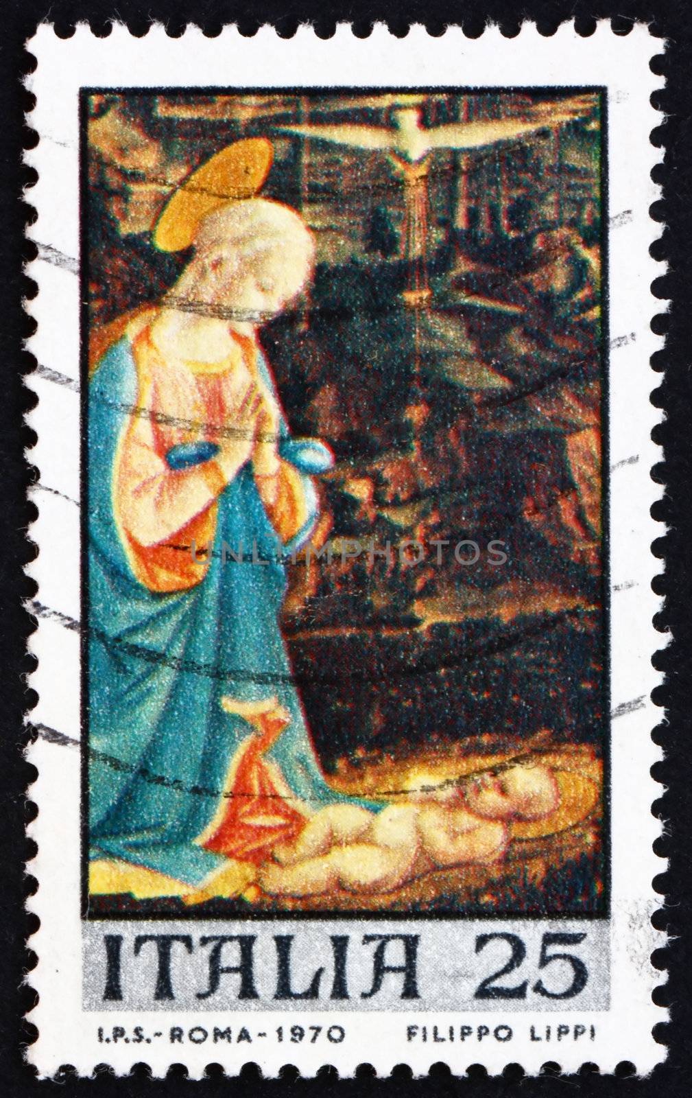 ITALY - CIRCA 1970: a stamp printed in the Italy shows Virgin and Child, Painting by Fra Filippo Lippi, Christmas, circa 1970