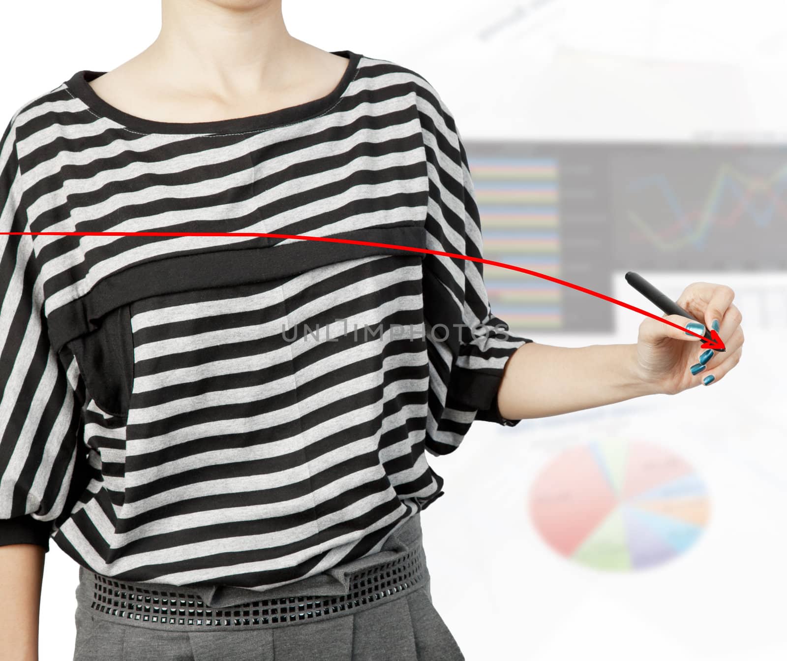 woman hand drawing chart red arrow
