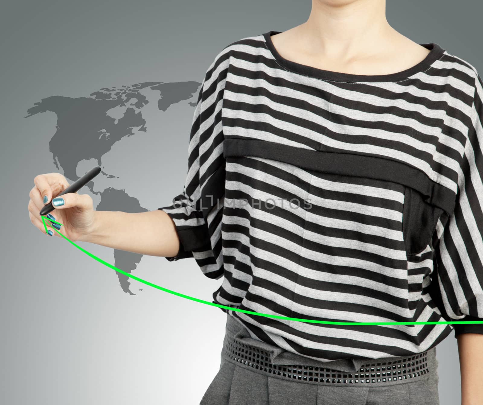 woman hand drawing chart green arrow