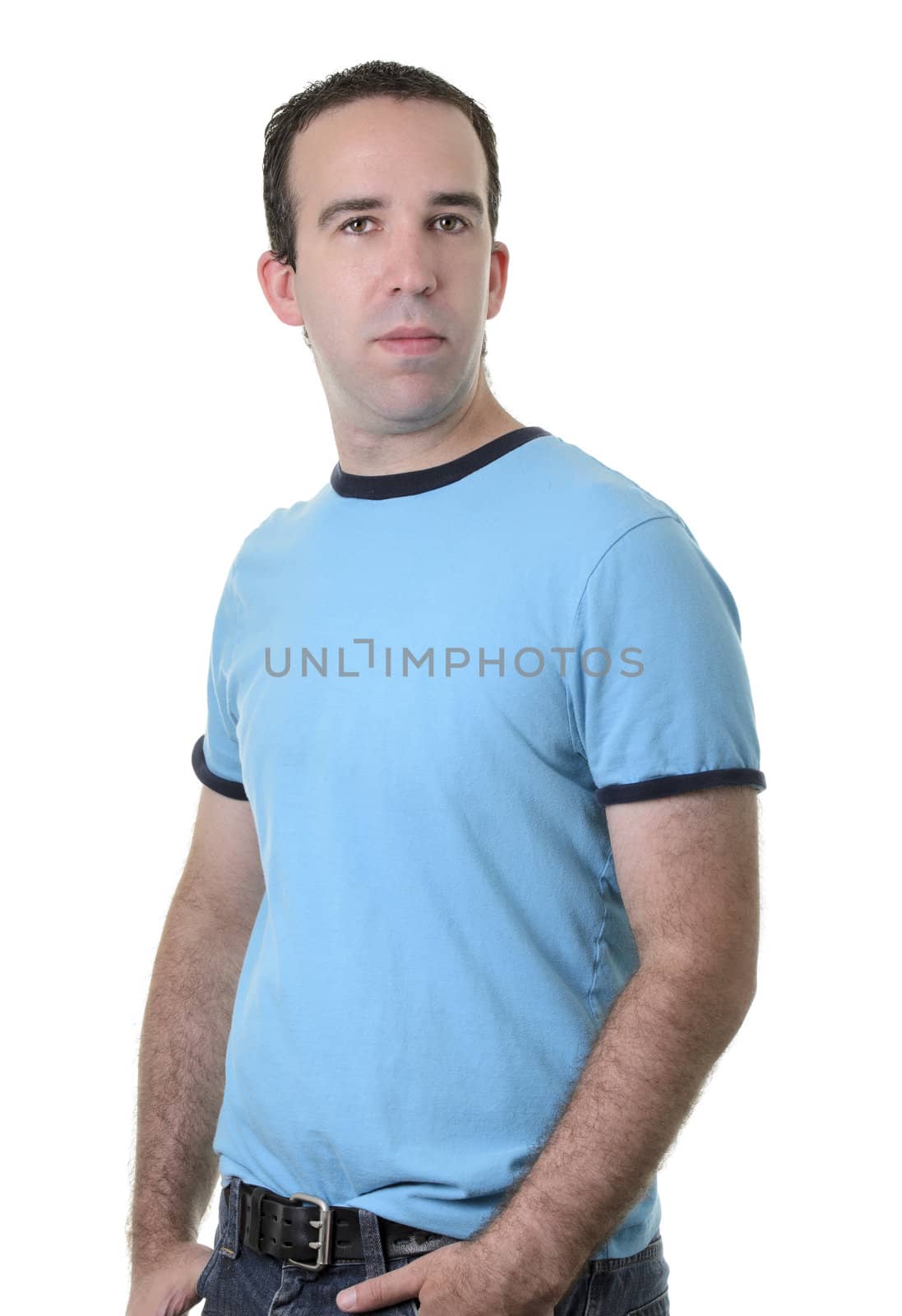 Half body portrait of a regular guy isolated against a white background.