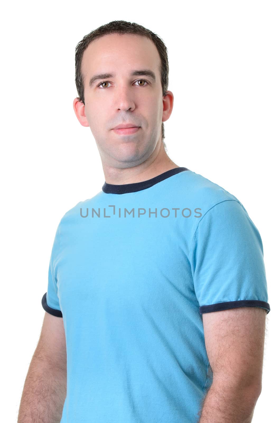 Half body shot of an average guy wearing a blue shirt, isolated against a white background.