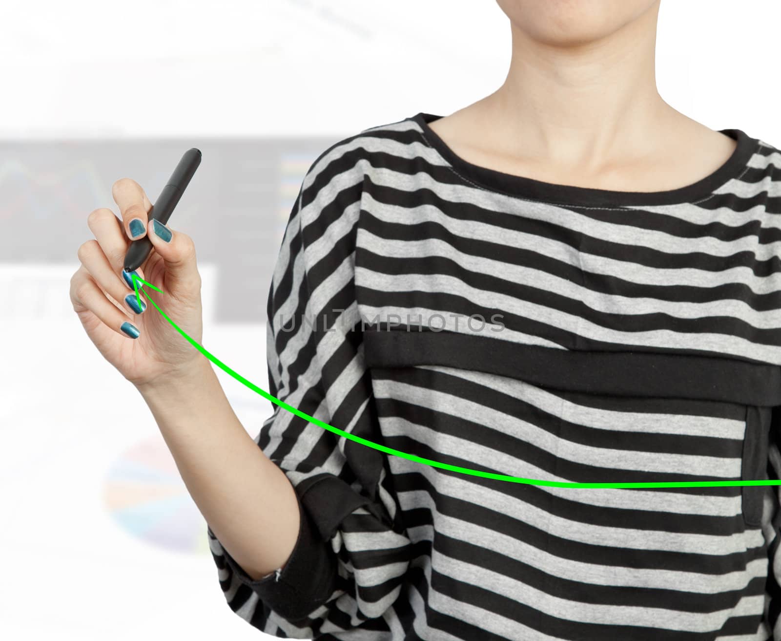 woman hand drawing chart green arrow