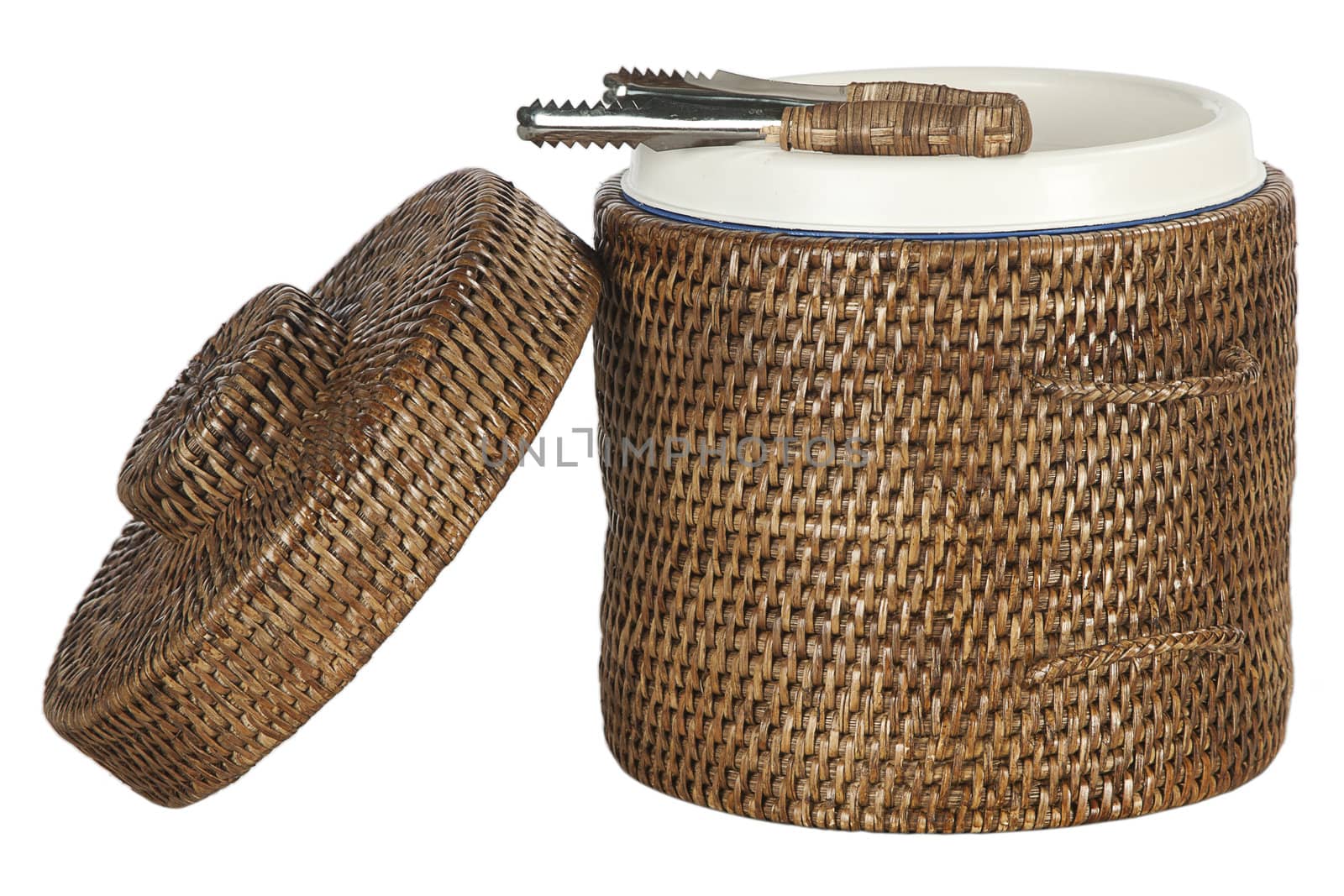 ice bucket covered in bamboo, isolated on white background