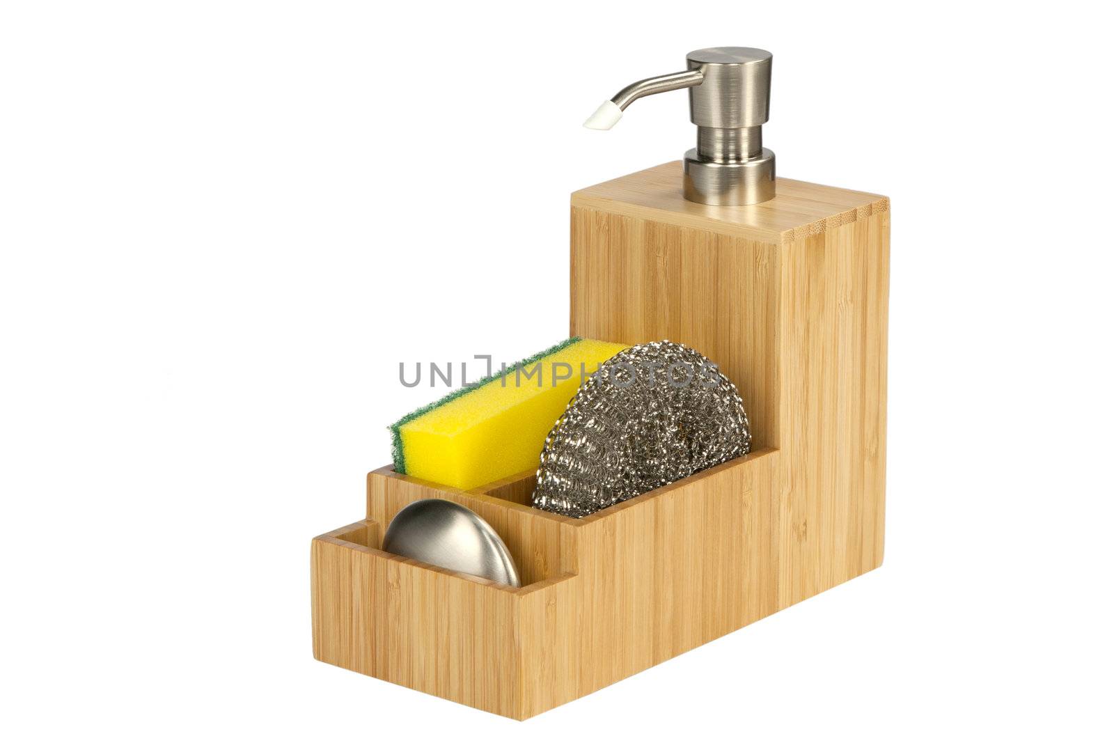 wooden dish soap bottle and sponge on white background